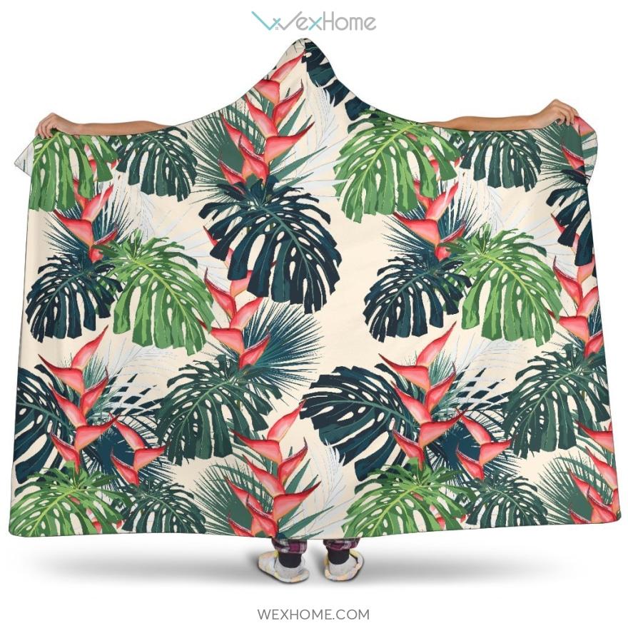 Heliconia Flowers, Palm And Monstera Leaves Hooded Blanket