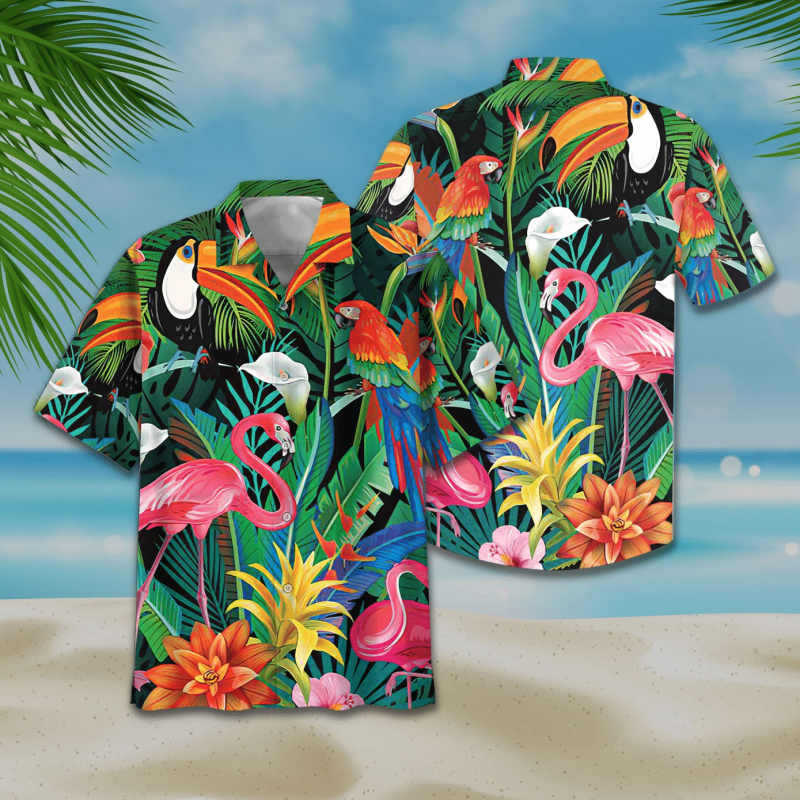 Flamingo And Parrot Tropical Flowers Print Short Sleeve Hawaiian Casual Shirt