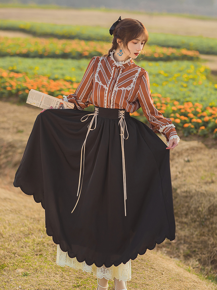 Chic Vintage Style Woman Outfits Retro Lantern Sleeve Striped Shirt & Lace Ribbon Long Maxi Skirt Cottage Prairie 2 Piece Sets alx