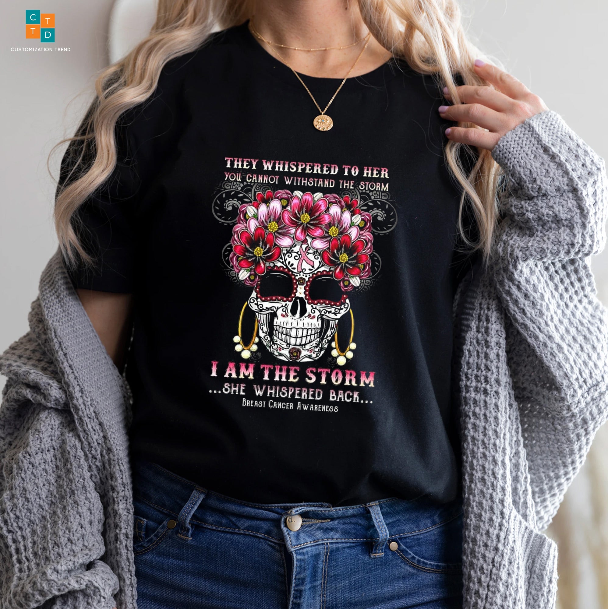 They Whispered To Her You Cannot Withstand The Storm Skullcap Breast Cancer Awareness Hoodie, Shirt