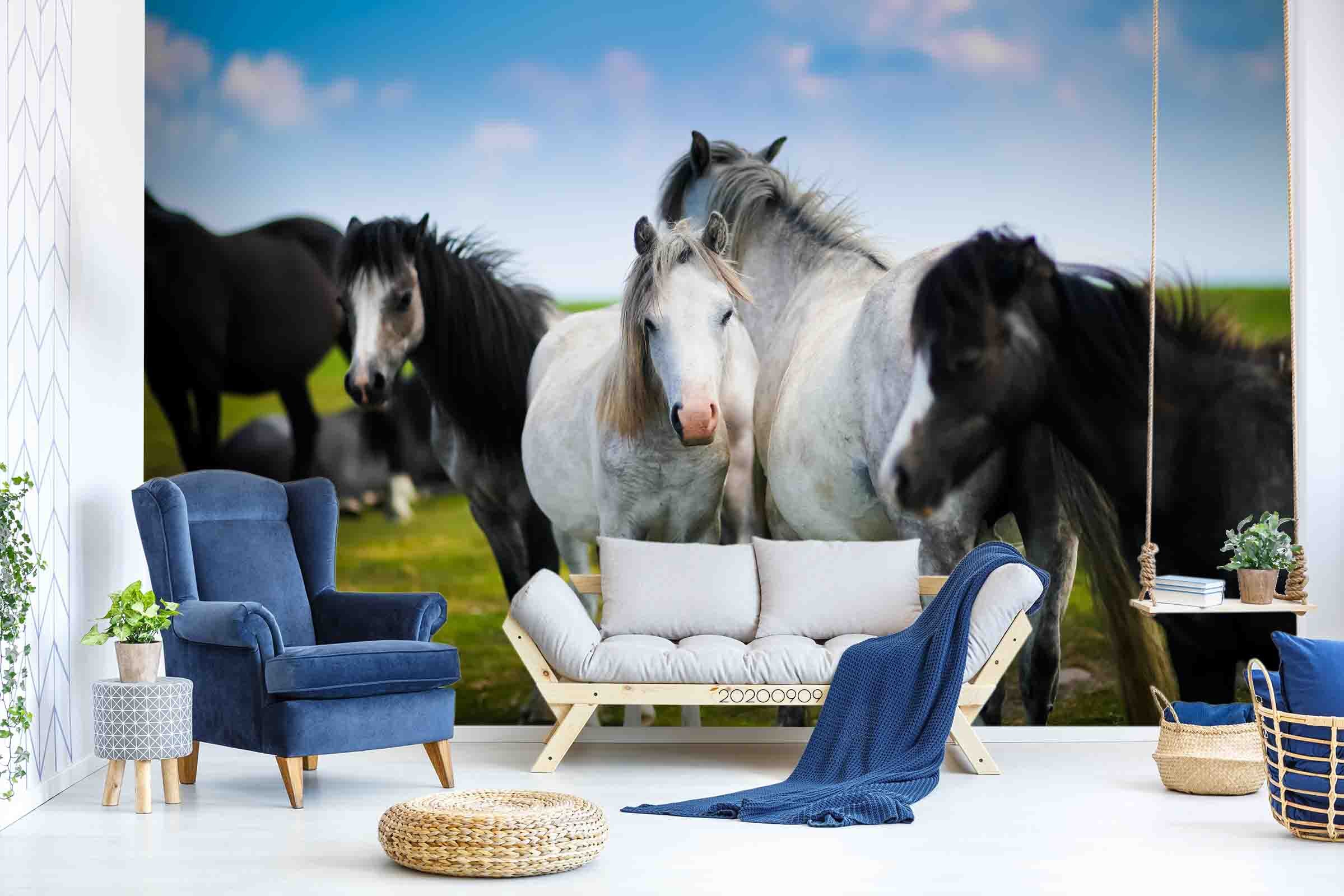 3D Blue Sky Green Grassland Horse Animal Wall Mural Wallpaper Lxl