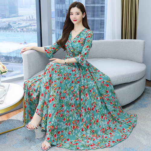 2022 Summer Black Print Maxi Dress New Arrival High Quality Plus Size M-4XL Flower Long Sleeve Women Chiffon Long Dress Vestidos alx