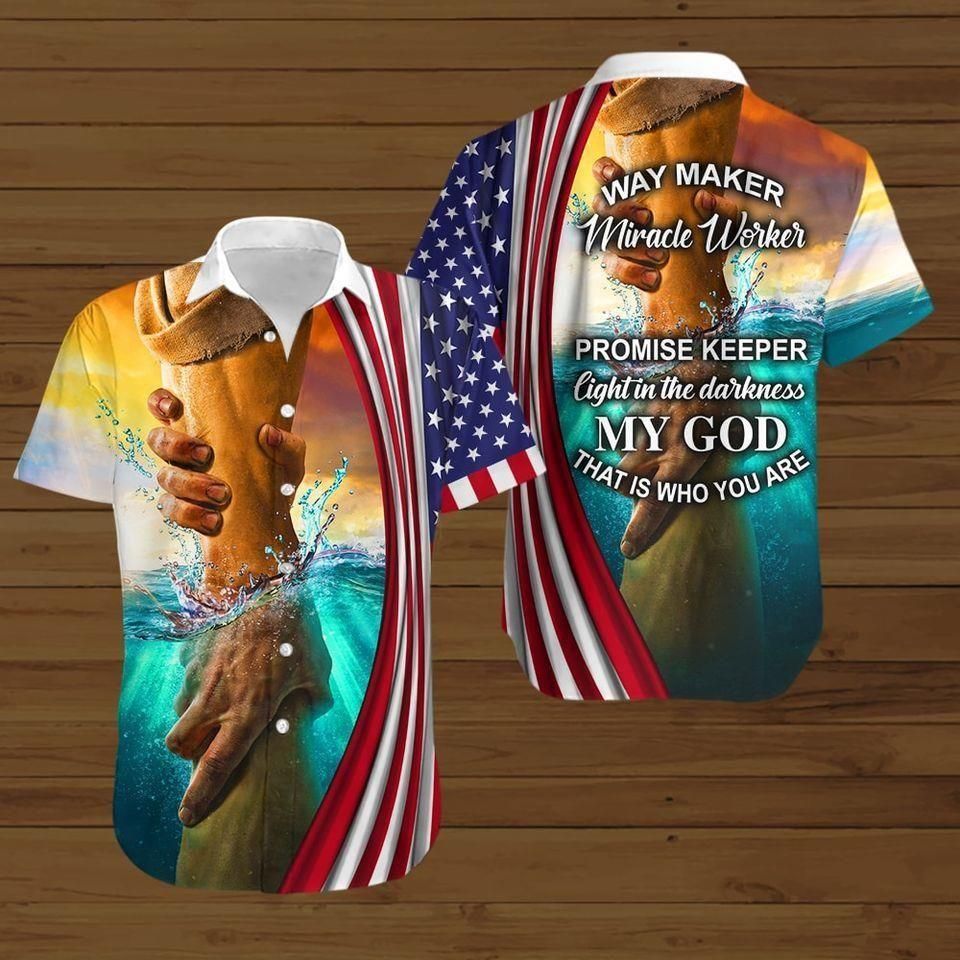 American Flag Holding Hand Way Maker Miracle Workeraloha Hawaiian Shirt Colorful Short Sleeve Summer Beach Casual Shirt For Men And Women