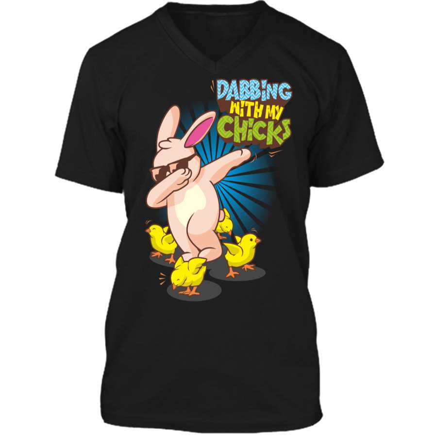 Bunny Rabbit Dabbing with my Chicks T-Shirt Easter Dab Tee Mens Printed V-Neck T