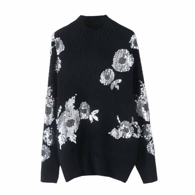 Beading sequined loose knitted sweater floral pattern turtleneck long sleeve stretchy pullovers female retro tops alx