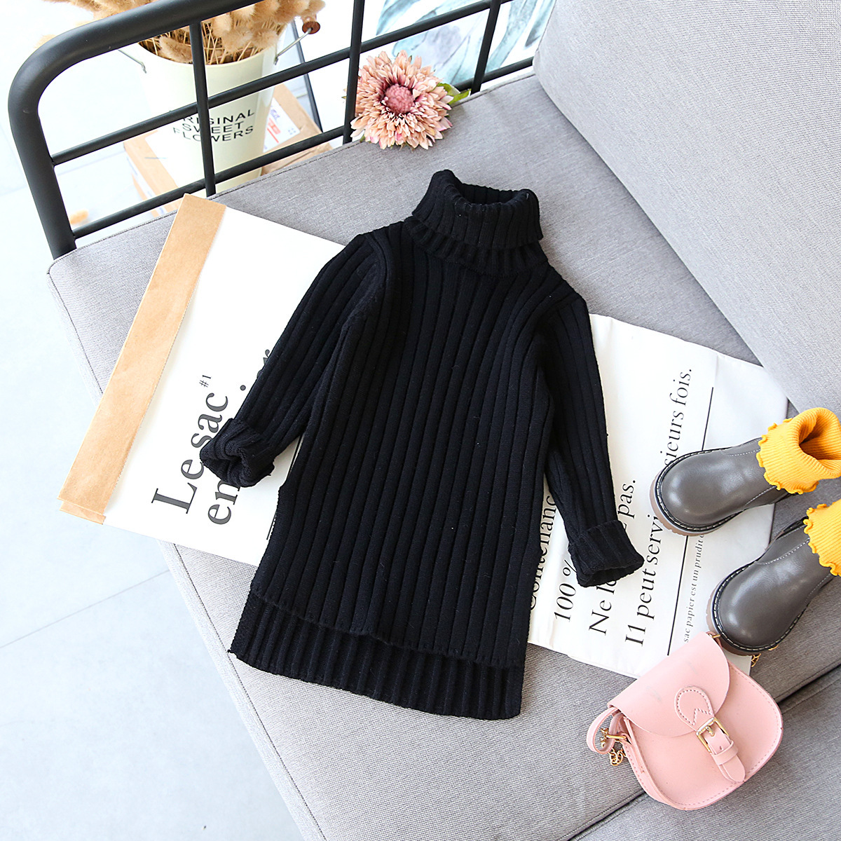 Baby Girl Knitted Ribbed Sweater Long Autumn Winter Spring Toddler Child Long Sweater Pullover Turtleneck Baby Clothes 2-7Y alx