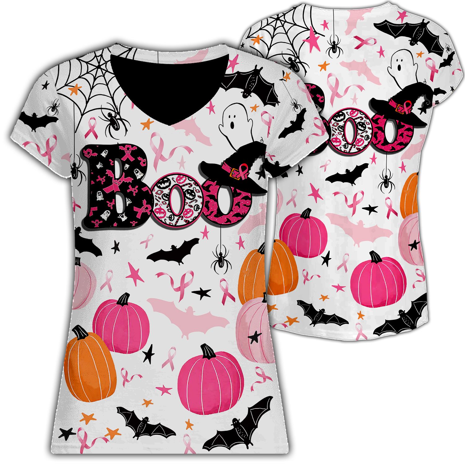 Breast Cancer Awareness Boo Halloween Pattern Witch Hat Pink Ribbon Woman V Neck Tshirt Hg