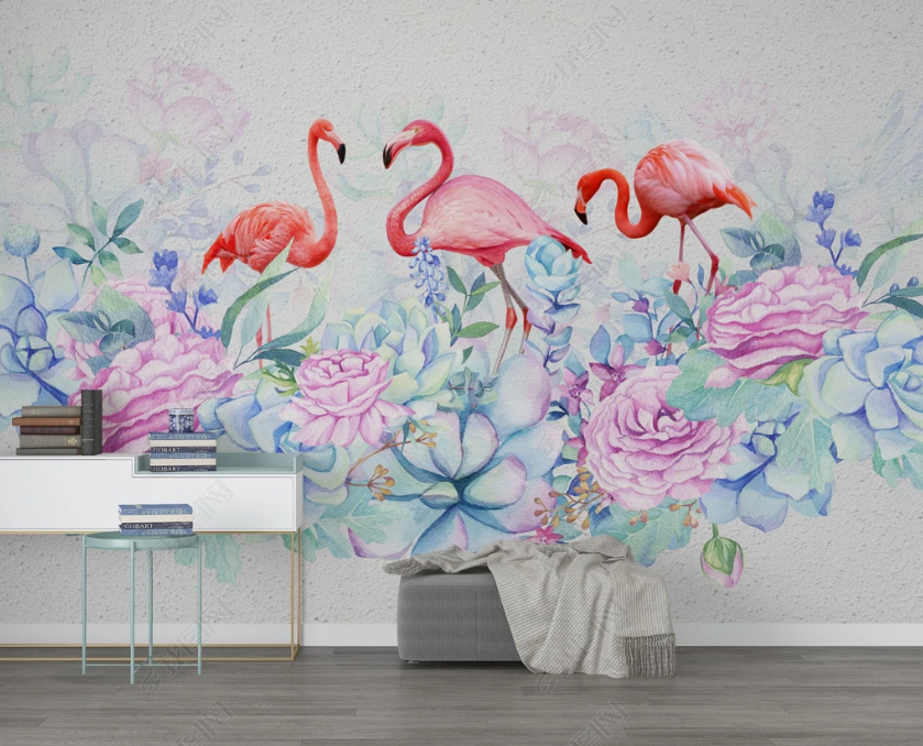 3D Hand Drawn Floral Animal Flamingo Wall Mural Wallpaper Lqh 81