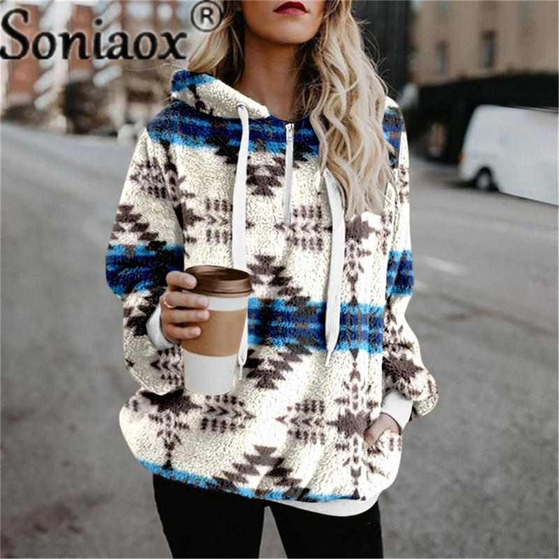 Women Ethnic Print Hooded Sweatshirt 2021 Autumn Winter Warm Long Sleeve Casual Hoodies Collar Female Drawstring Pullovers Tops alx