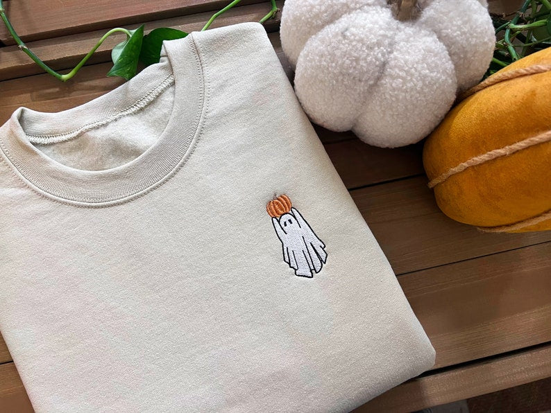 Embroidered Ghost Pumpkin Sweatshirt Crewneck Sweatshirt All Over Print Sweatshirt For Women Sweatshirt For Men Sws2499