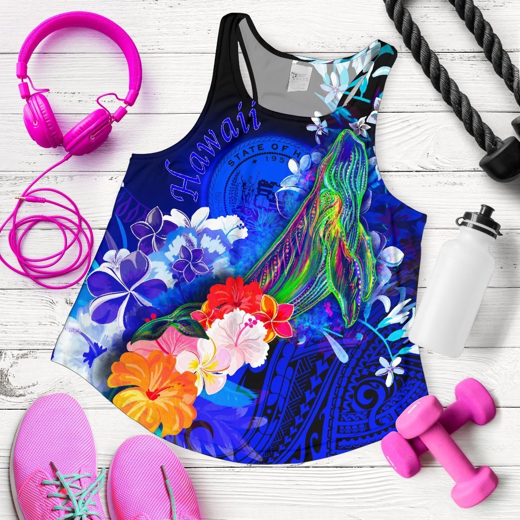 Polynesian Hawaii Women’S Racerback Tank – Humpback Whale With Tropical Flowers Blue