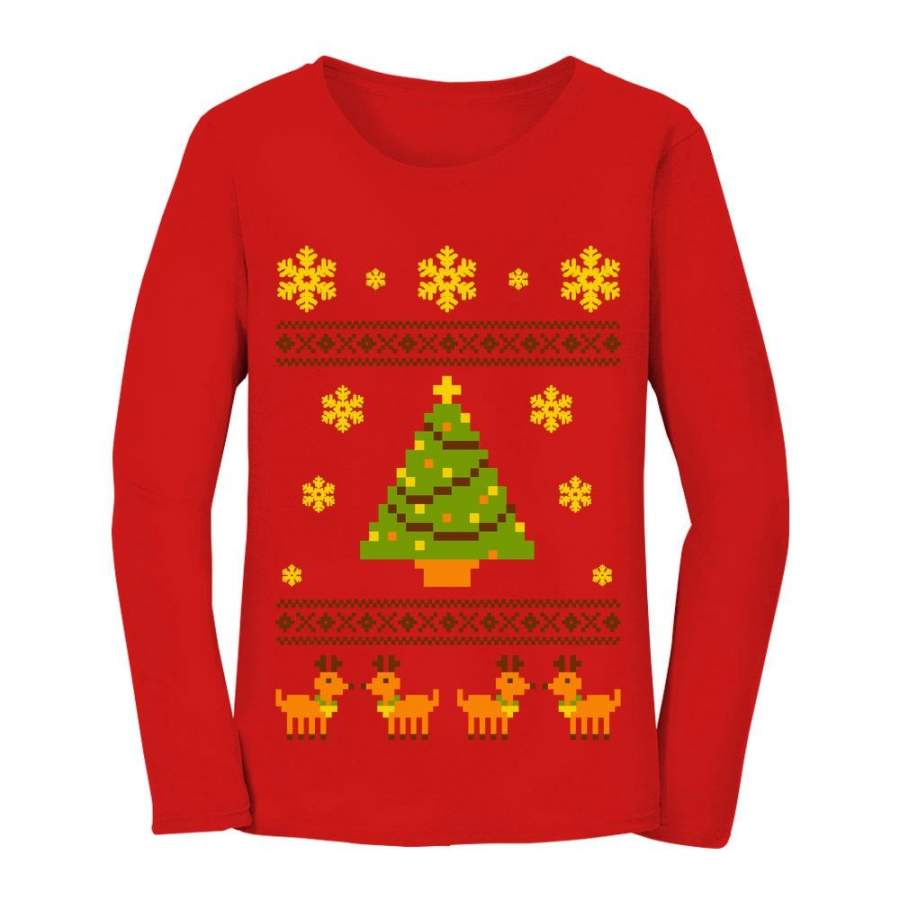 Ugly Christmas Sweater Reindeer & Xmas Tree Women Long Sleeve T-Shirt