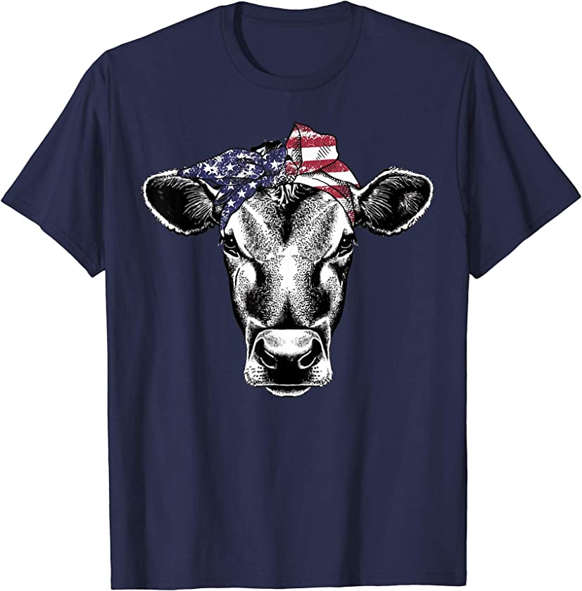 Vintage Patriot Cow Farm 4th of July American Flag T-Shirt