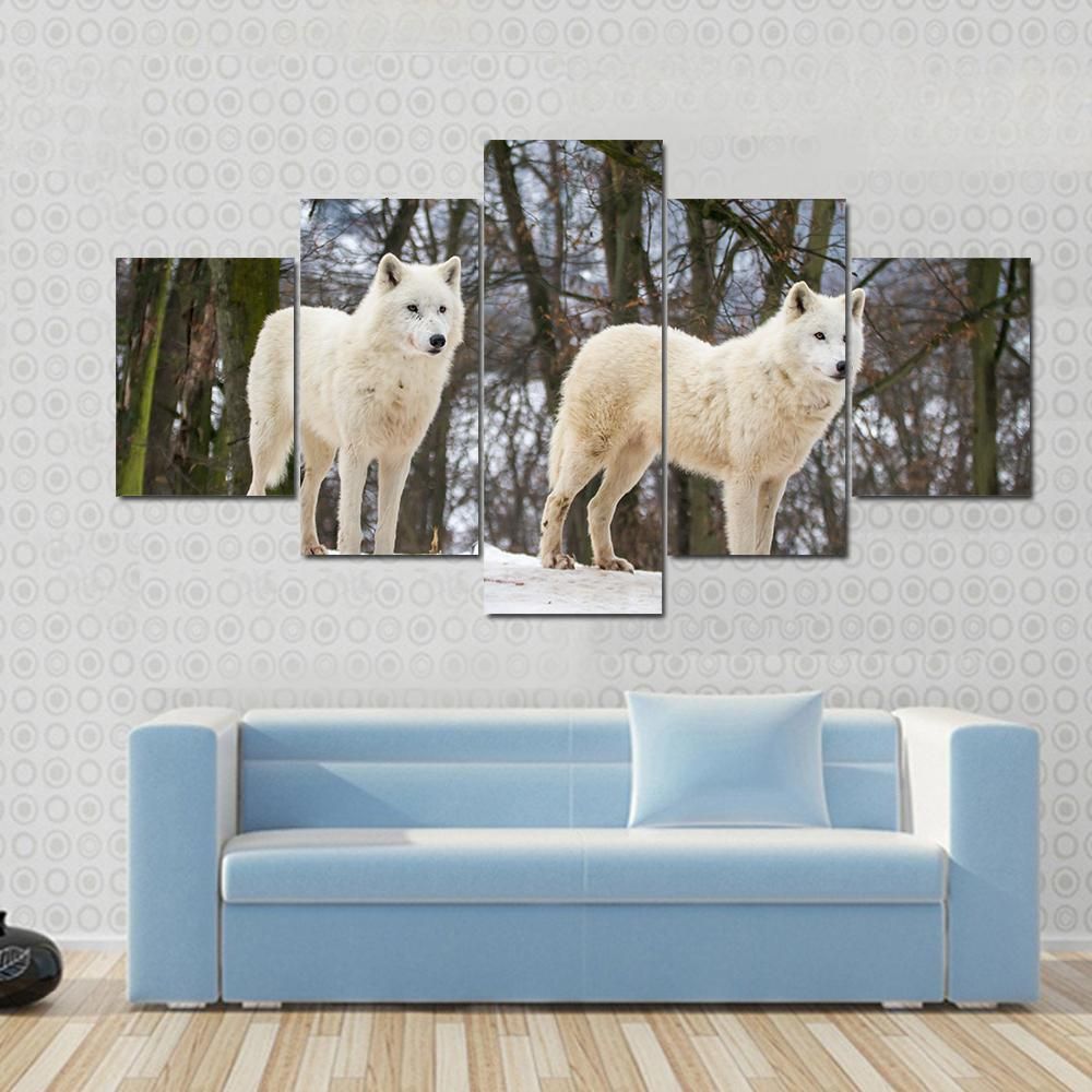 White Wolves Couple In Snow Animal 5 Panel Canvas Art Wall Decor