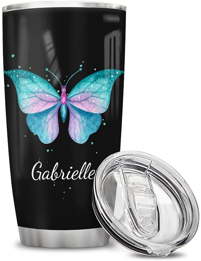 Personalized Butterfly Stainless Steel Tumbler Cup With Lid 20Oz 30Oz Custom Name Customized Double Wall Vacuum Insulated Tumblers Coffee Travel Mug Birthday Christmas Gifts For Women