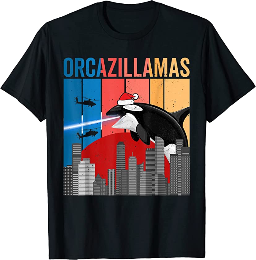 Christmas Killer Whale, Funny Orcazilla Retro Japan Sunset T-Shirt