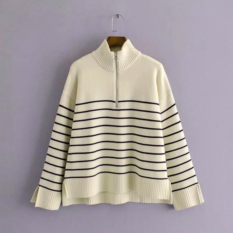 Xitimeao New Autumn Women High Collar Stripe Sweaters Pullovers Warm Minimalist Color Matching Knit Shirt Lady Zipper Pullover alx