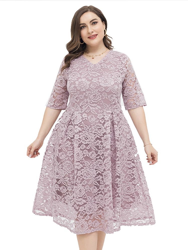 2021 New Women Plus size Dress Solid Purple half Sleeve Larges Big Plussize V-neck Clothes clothing Casual Wear For Female Suits alx