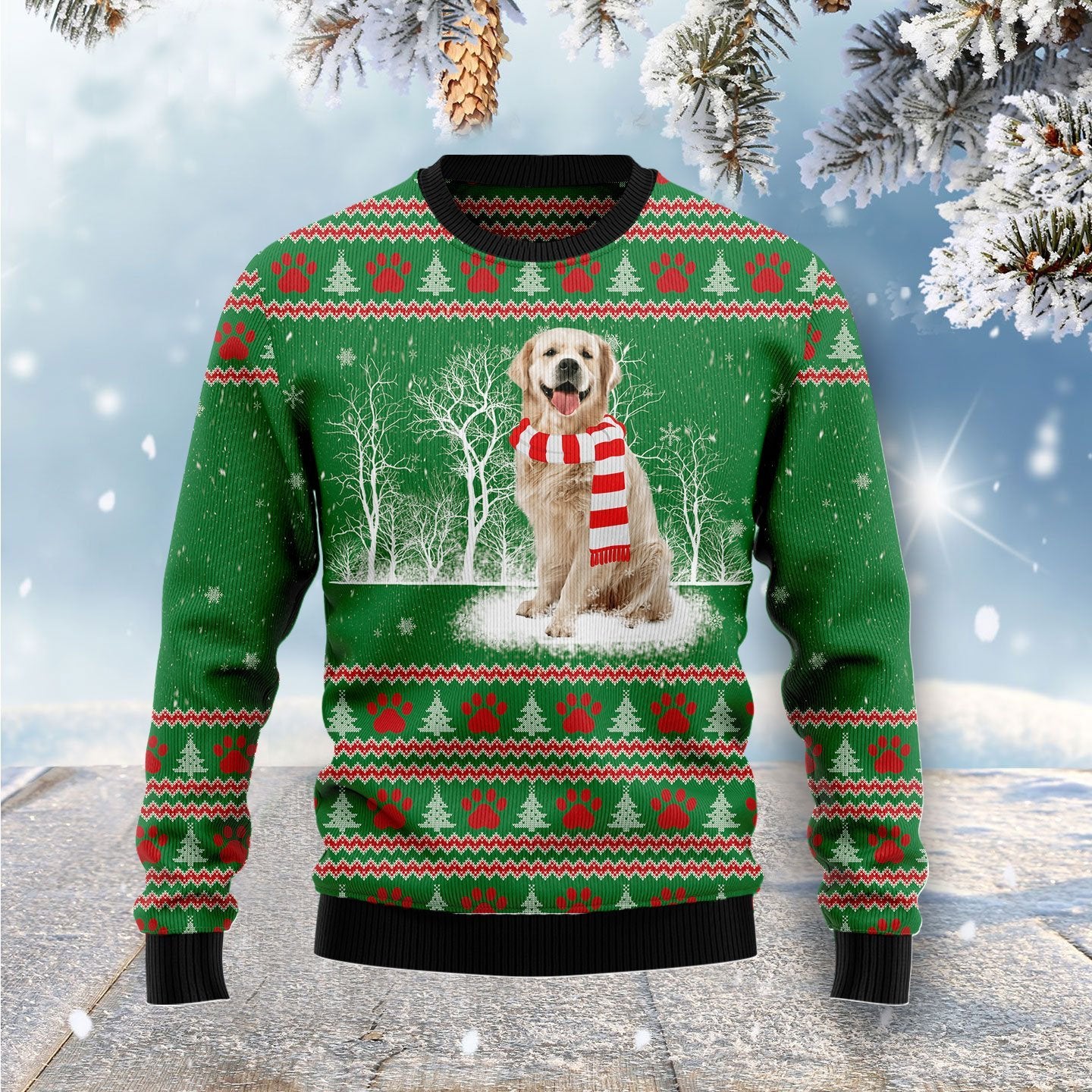 Golden Retriever Winter Tree Ugly Christmas Sweater | For Men & Women | Adult | Us5288