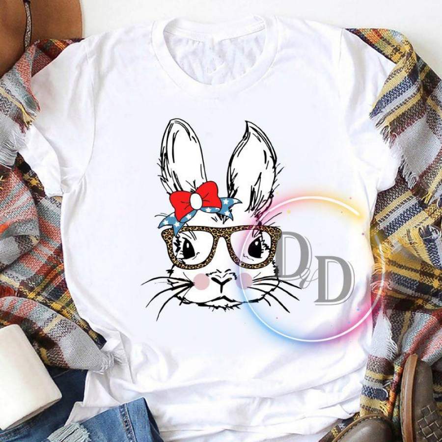 Bunny Rabbit Leopard Glasses Happy Easter Day America Ribbon T Shirt