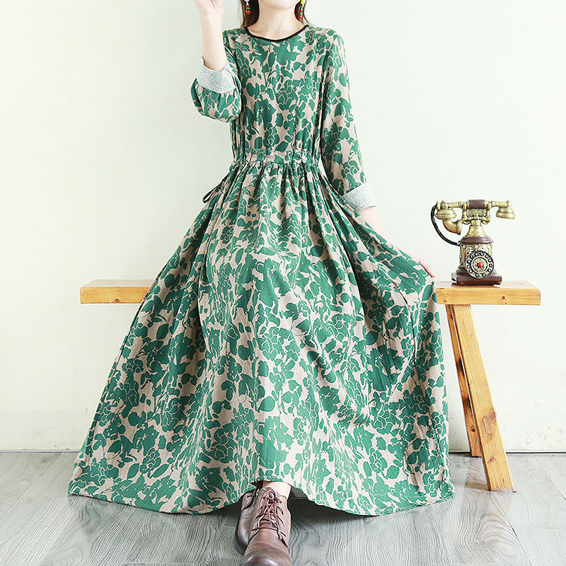 Spring Autumn New Vintage Floral Print Waist Maxi Dress Ladies Casual Fashion Long Sleeve A-line Robe Dresses Vestidos De Fiesta alx