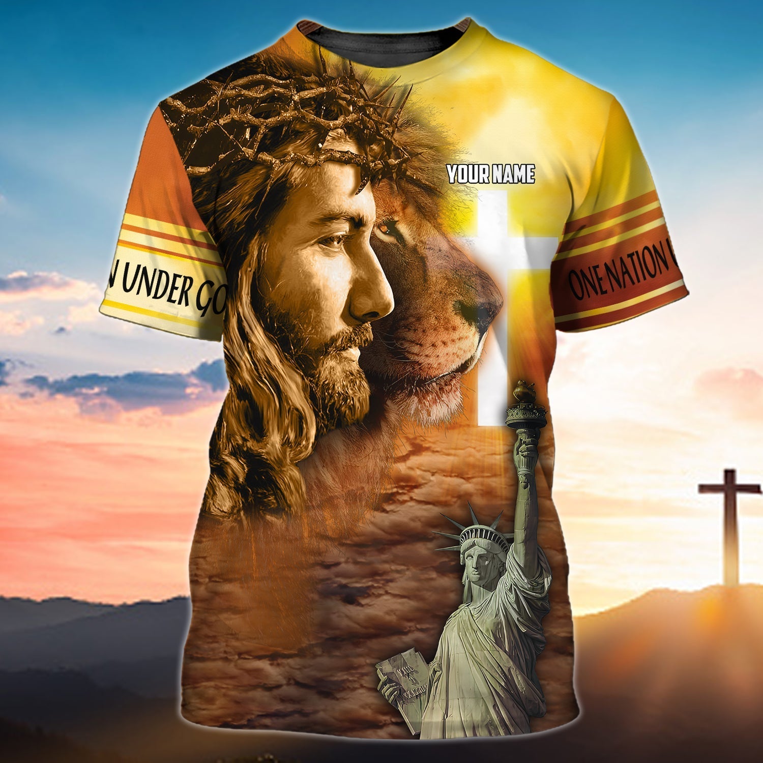 Customized 3D Lion T Shirt, One Nation Under God 3D Shirts Patriotic American Sublimation Shirts