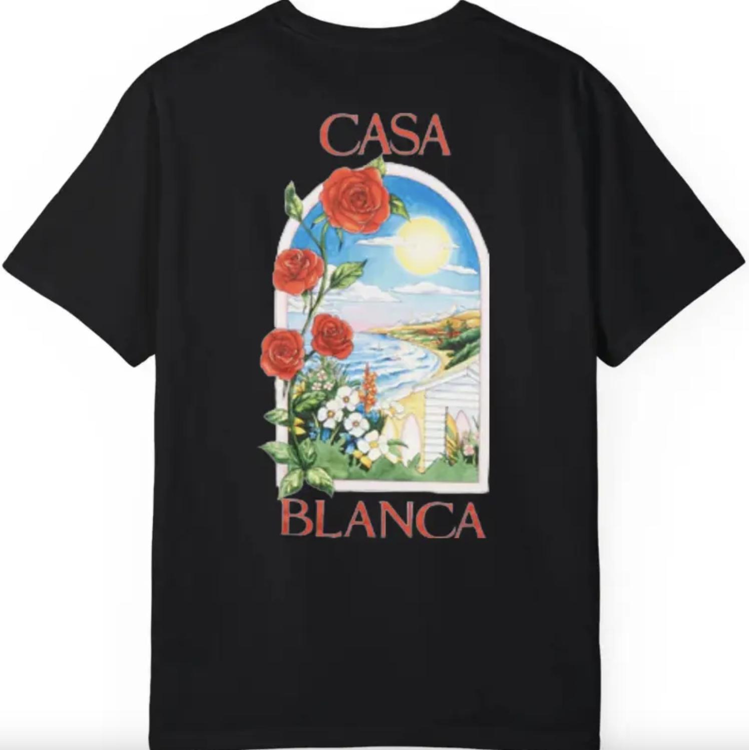 Schwarzes T-Shirt mit Casa Blanca Blumendruck, perfekt für lässige Outfits, Unisex-T-Shirt aus Bio-Baumwolle für Männer, Frauen