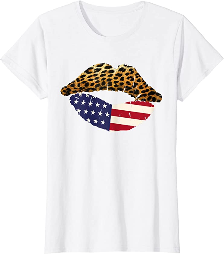 Womens American Flag Sexy Lips Leopard Patriotic USA 4th Of July T-Shirt