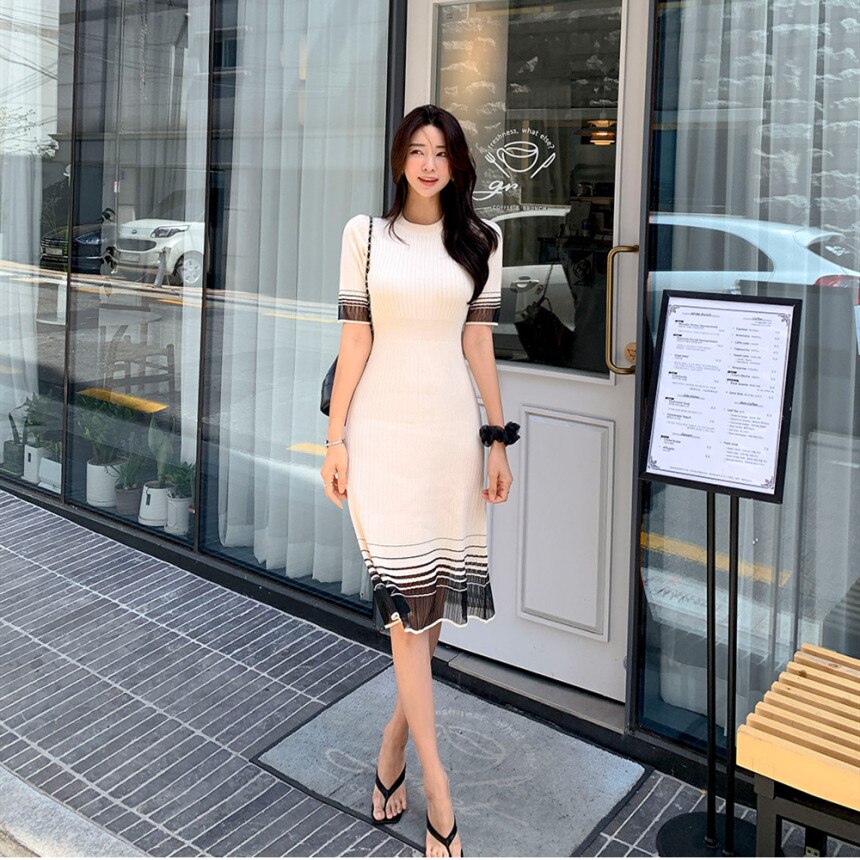 Summer New Women’s Dress Simple and Elegant High-end Temperament Korean Knitted Short Sleeve Round Neck Patchwork Ruffle Dress alx