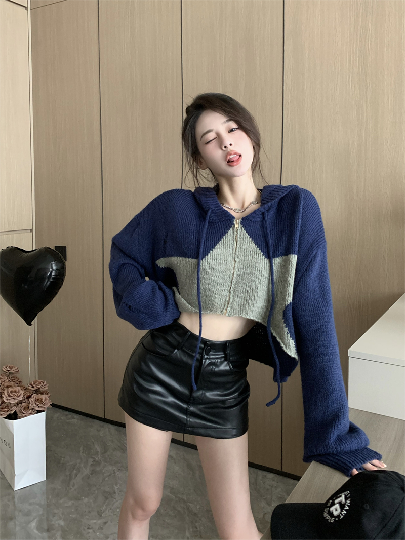 Y2K Vintage Women Irregular Cropped Cardigan Chic Star Patch Jackets Top Hooded Knit Casual Loose Sweater Casacos Trico Feminino alx