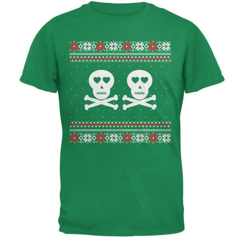 Skull and Crossbones Lovers Ugly Christmas Sweater Green Adult T-Shirt