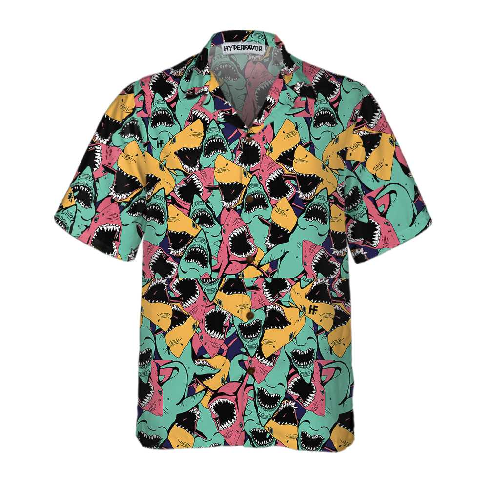 Angry Shark Seamless Pattern Hawaii Shirt Button Up For Print Ha106316