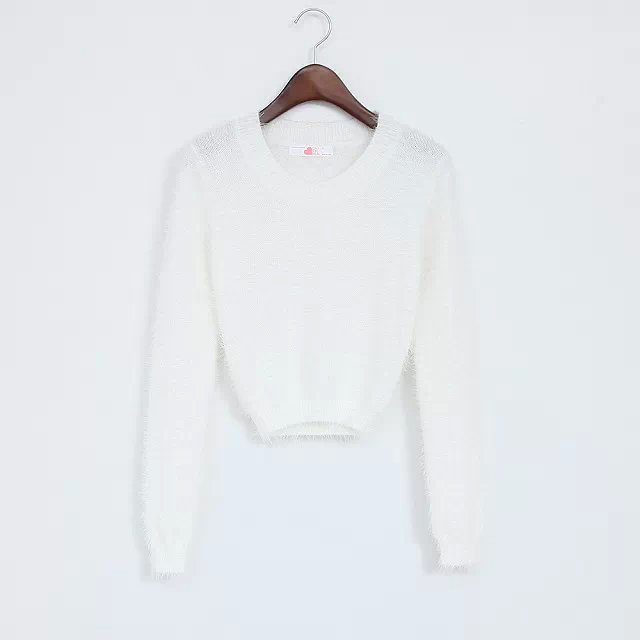 Women tight-fitting elastic high waist short furry navel long-sleeve pullover All-over Fuzzy Cropped sweater alx