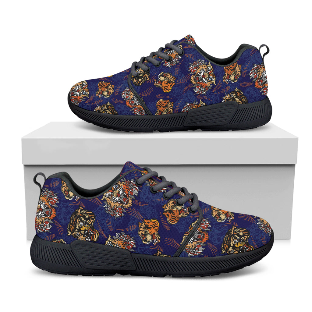 Blue Tiger Tattoo Pattern Print Black Athletic Shoes