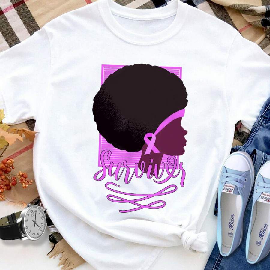 African american black woman survivor breast cancer white cotton t shirt for men and women S-6XL