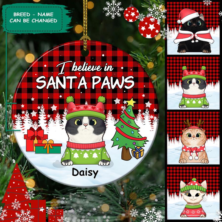 I Believe In Santa Paws Ornament – Cat Christmas Buffalo Plaid Ornament – Personalized Decorative Christmas Ornament