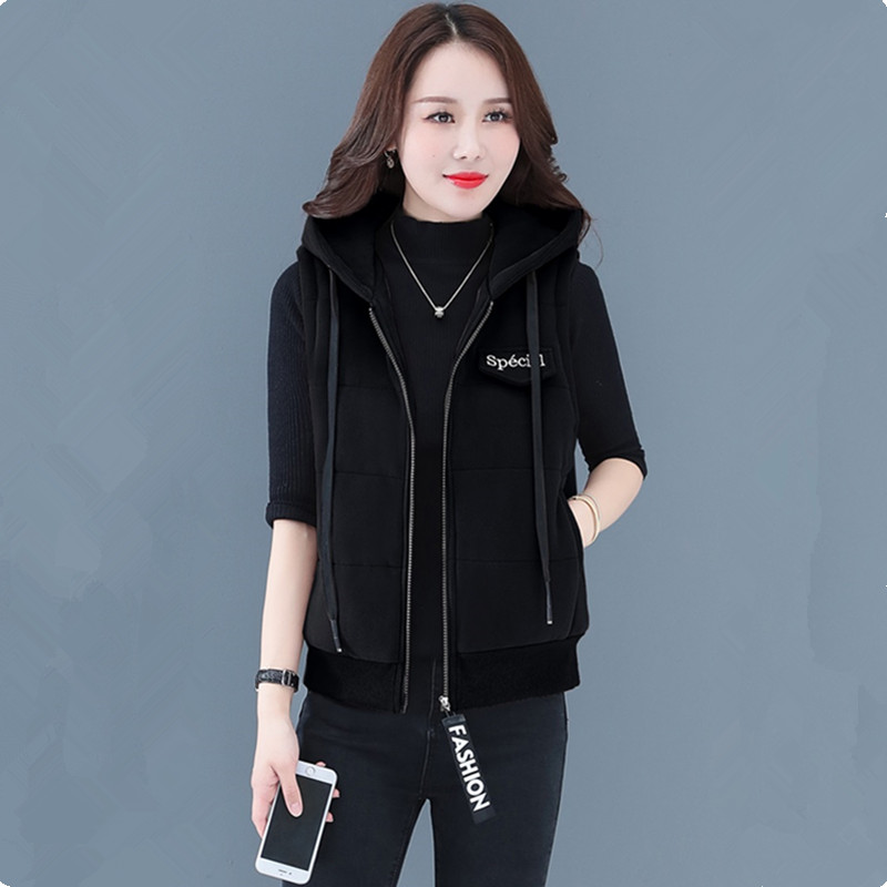 UHYTGF Vests For Women Hooded Female Sleeveless Jacket Pure Color Wild Fleece Warm Jacket Autumn Winter Waistcoat Short Top 1390 alx