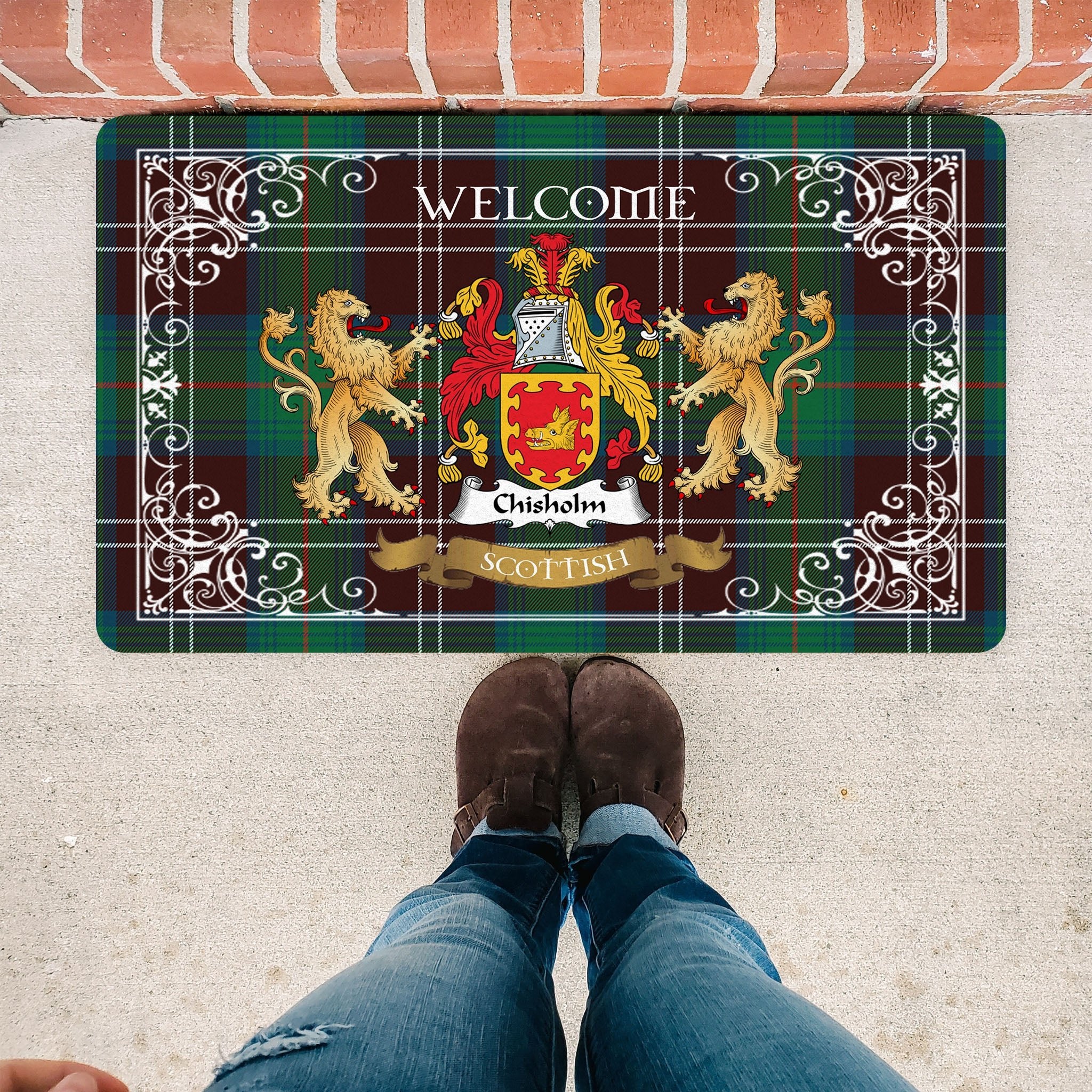 Scotstee Shop Tartan Door Mat The Family Chisholm Hunting Ancient Scottish Plaid Doormat, Welcome Mat, Christmas Door Mat