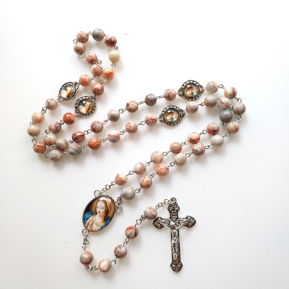 Cottvott Our Lady Virgin Mary Crucifix Cross Rosary Necklace Natural Red Net Stone Meditation Beads Chain Prayer Chaplet Jewelry alx