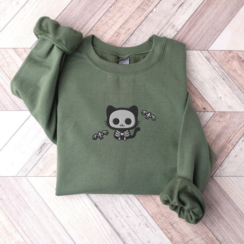 Cat Skeleton Halloween Embroidered Sweatshirt 2D Crewneck Sweatshirt All Over Print Sweatshirt For Women Sweatshirt For Men Sws4935