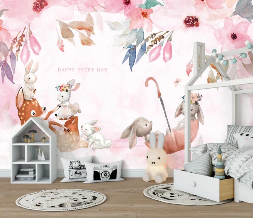 3D Watercolor Floral Deer Rabbit Umbrella Wall Mural Wallpaper 2203