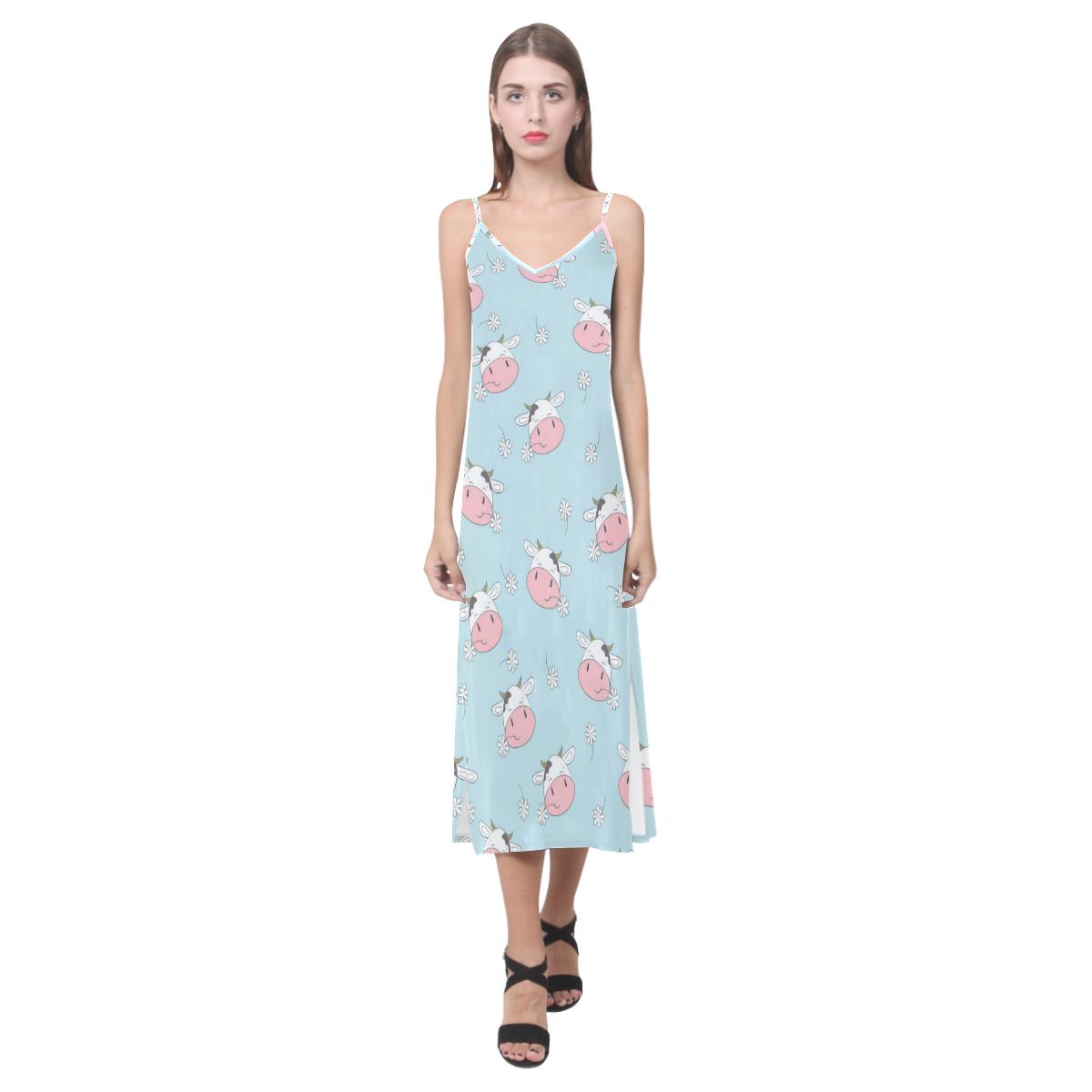 Cute cow flower pattern V-Neck Open Fork Long Dress