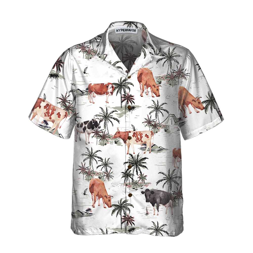 Tropical Island And Cows Pattern Cow Hawaiian Shirt, Tropical Cow Shirt For Men And Women, Cow Print Shirt