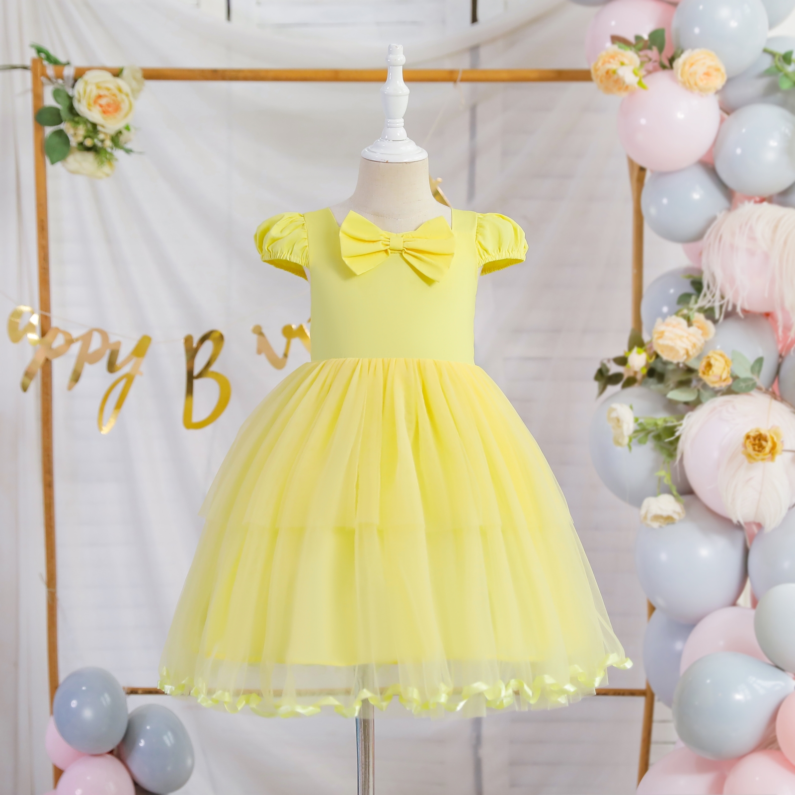 Snow and Ice Legend Bell Princess Skirt Summer New Girls Short Sleeved Yellow Dress Birthday Dress Skirt 2-8t Year Old Girl alx