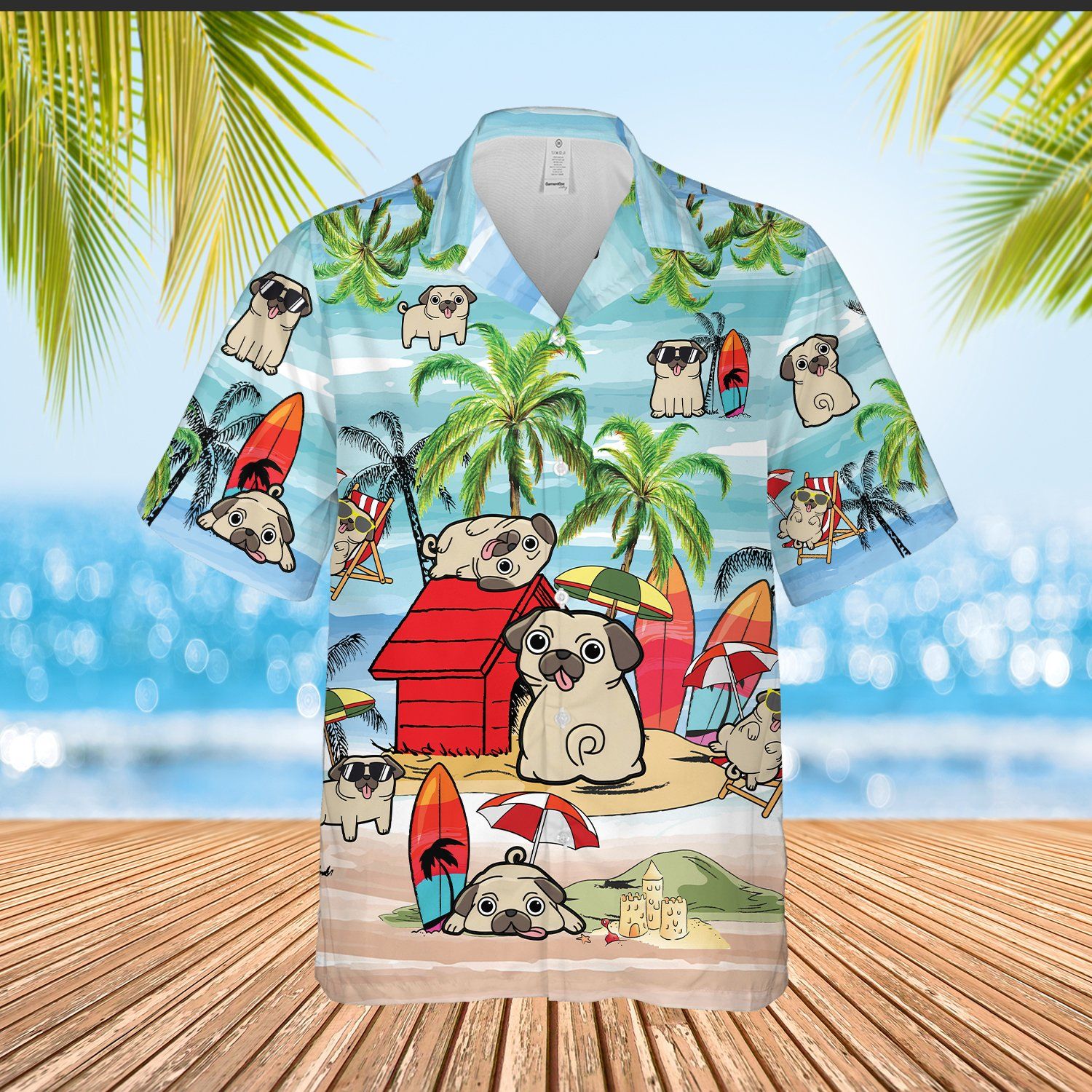 Pug Playing On Beach For Man And Woman Print Short Sleeve Hawaii Shirt Ha4435