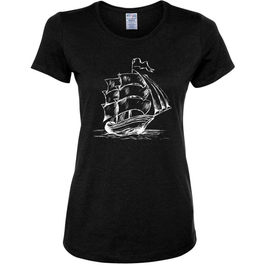 Vintage Pirate Ship Nautical Coastal Sea Ship Humor Womens Graphic T-Shirt