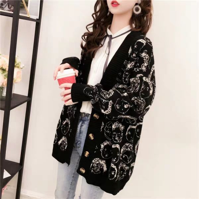 Women Sweater Cardigans 2021 Long Cashmere Knitted Jacket Chic Loose Thick Warm Female Clothes Tops Printing V-neck Fashion Coat alx