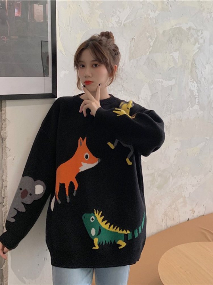 Cartoon Embroidery Oversized Sweater Women’s Jumper Pullover Kawaii Long Sleeve O-neck Loose Knitted Sweater Winter 2022 Female alx