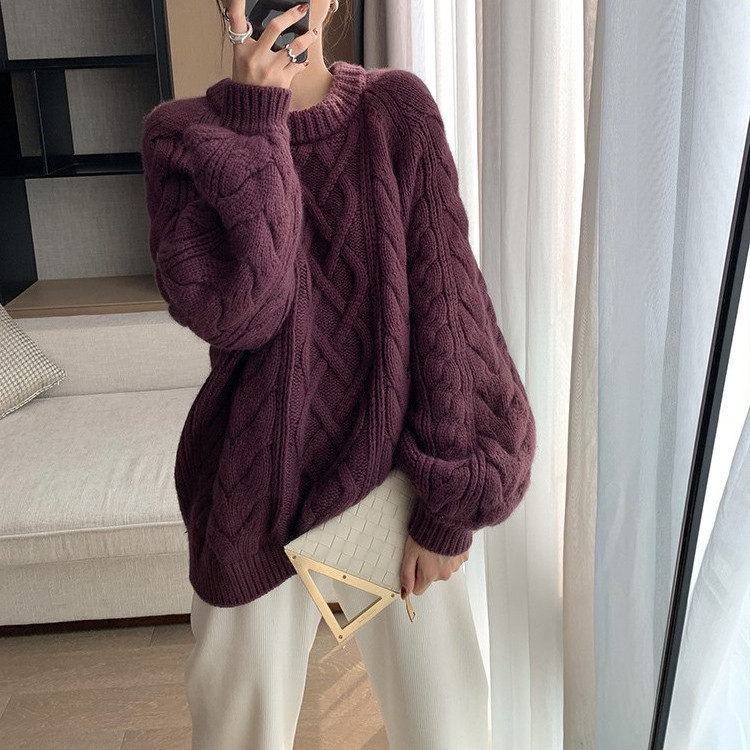 WTEMPO Long Sleeve Vintage Twist Knitted Sweater Women Purple Red Knitwear Loose Pullover Jumper Female Clothing Winter New alx