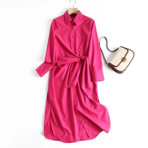 Women High Saturation Color/waist Band Casual Turn-Down Collar Solid Color 100% Cotton Shirt Dress alx